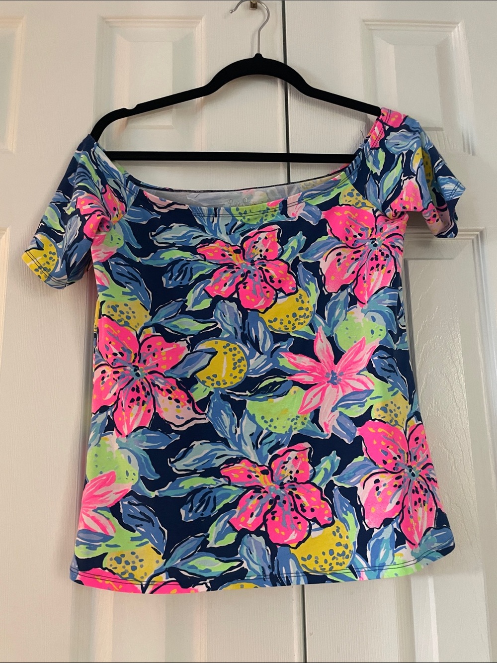 Lilly Pulitzer Navy Off-Shoulder Crop Top with Pink & Lime Floral